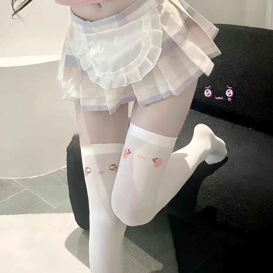 春夏薄款白丝日系萌妹可爱印花亚文化过膝袜jk长筒袜黑丝高筒袜