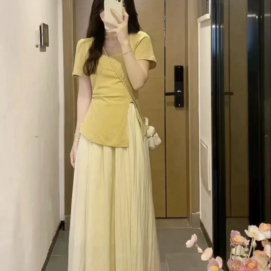大码高腰垂感半身裙女夏季2025新款胖MM修身显瘦减龄上衣两件套