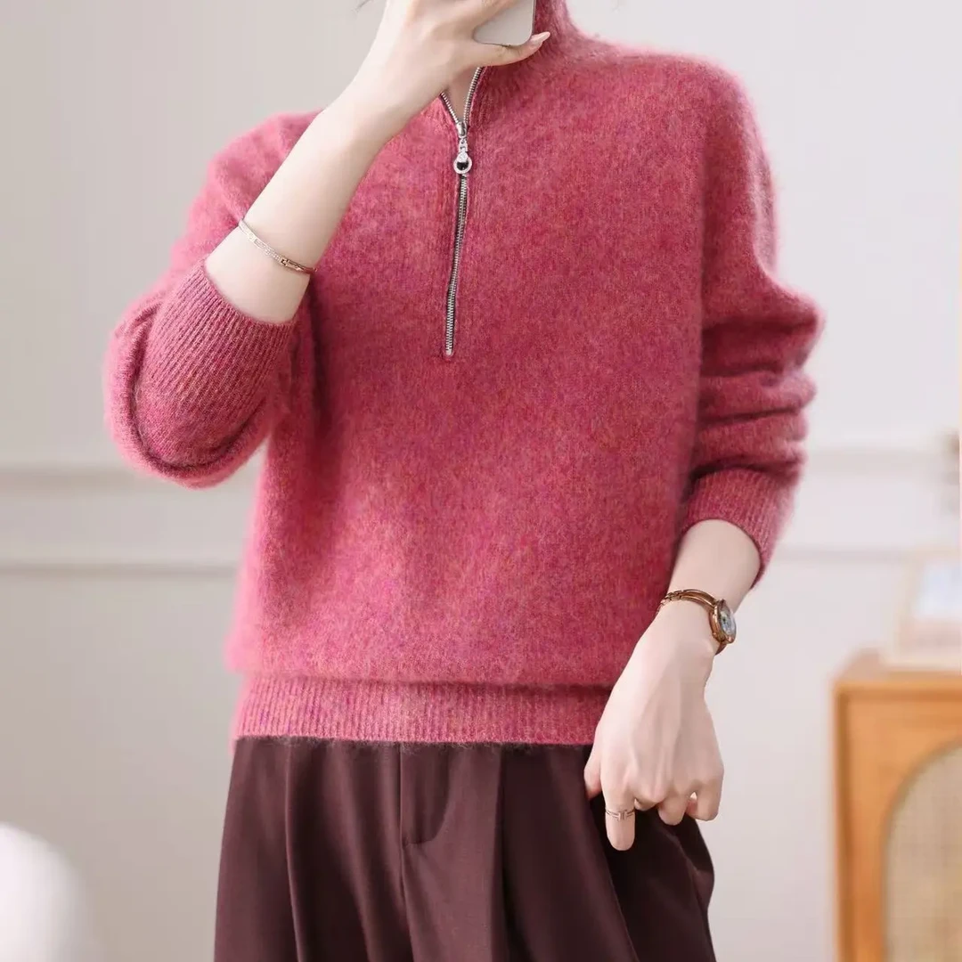 【不可机洗】高端花纱拉绒拉毛工艺半拉链套头加厚百搭女士针织上衣
