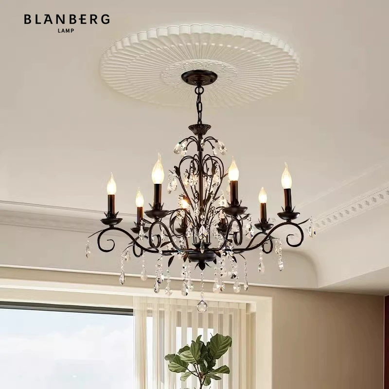 黑色水晶吊灯法式轻奢高级氛围感大厅灯设计师简约复古乡村客厅灯