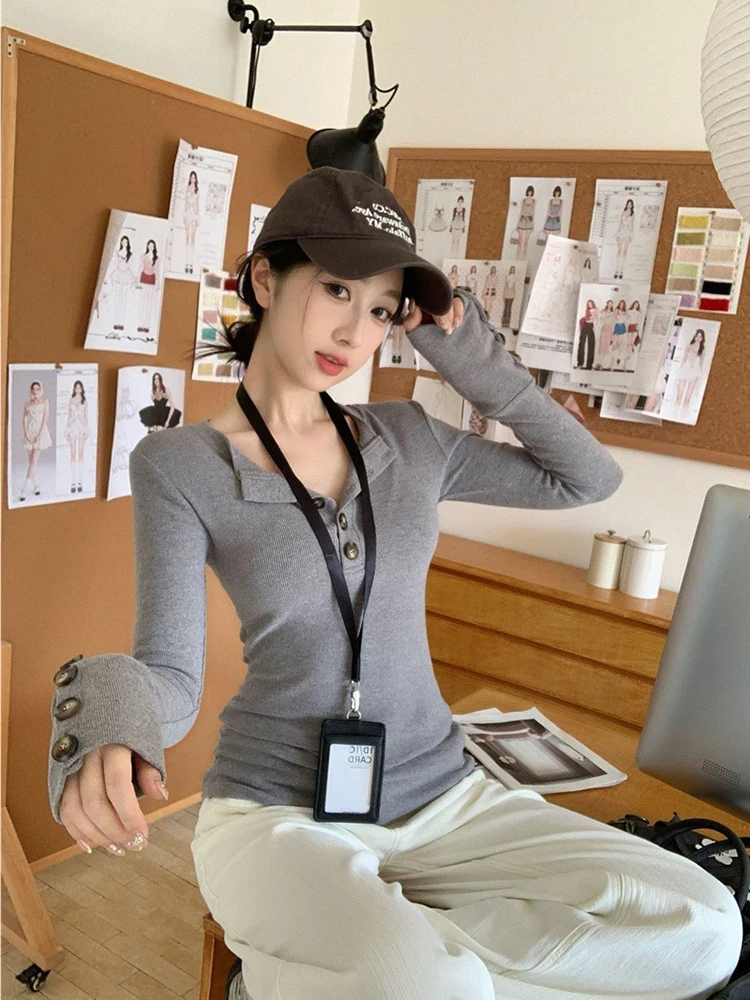 【辣妹纽扣长袖】辣妹设计感亨利v领纽扣百搭长袖正肩T恤打底衫秋冬