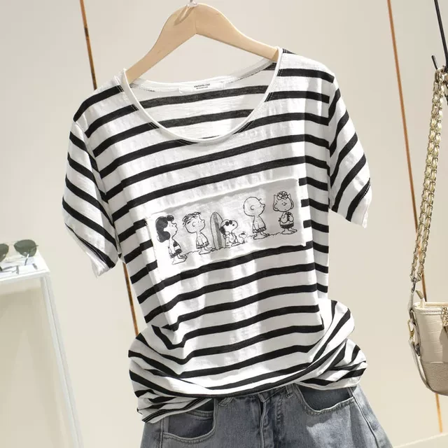 夏季新款棉圆领条纹竹节棉体恤卡通贴布宽松显瘦减龄短袖T恤女