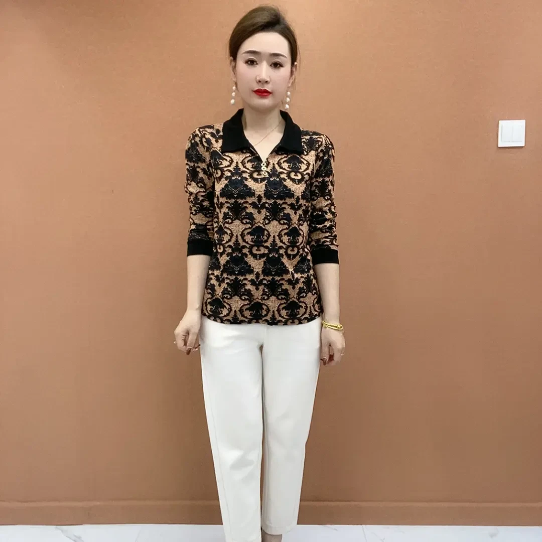 春夏新款时尚翻领百搭长袖T恤女士小衫显瘦妈妈装