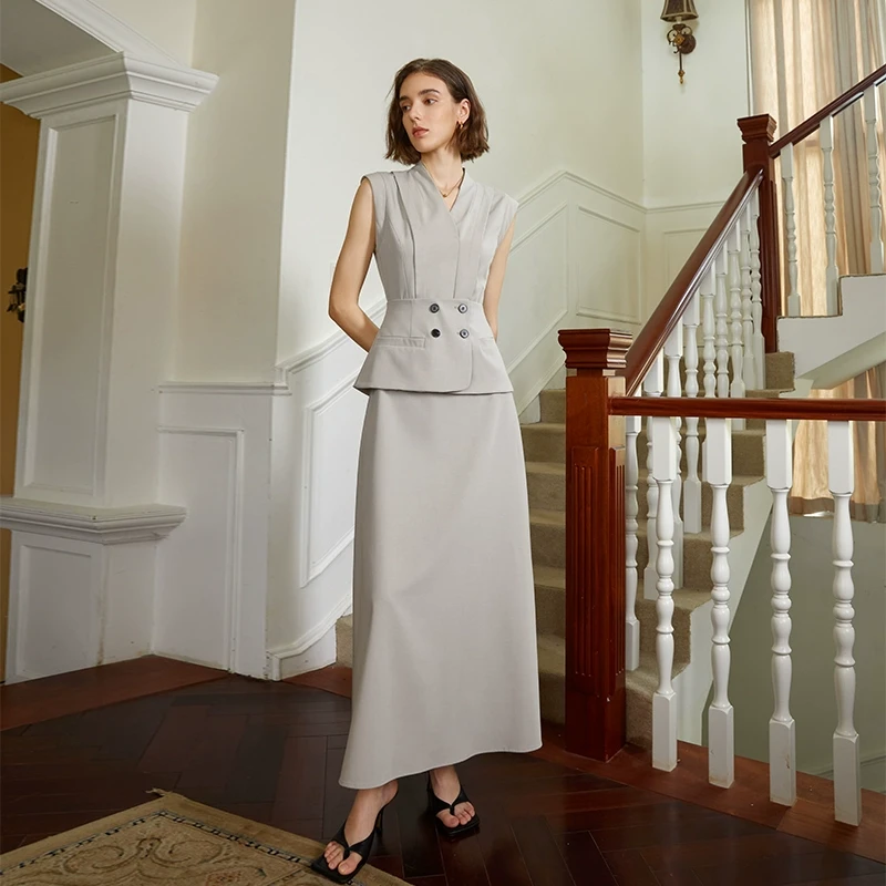 AEL法式复古双排扣修身无袖通勤夏季气质马甲高腰长款半裙套装女