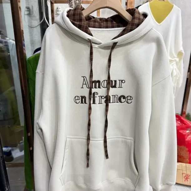 秋冬韩系加绒宽松连帽长袖卫衣女时尚百搭减龄上衣