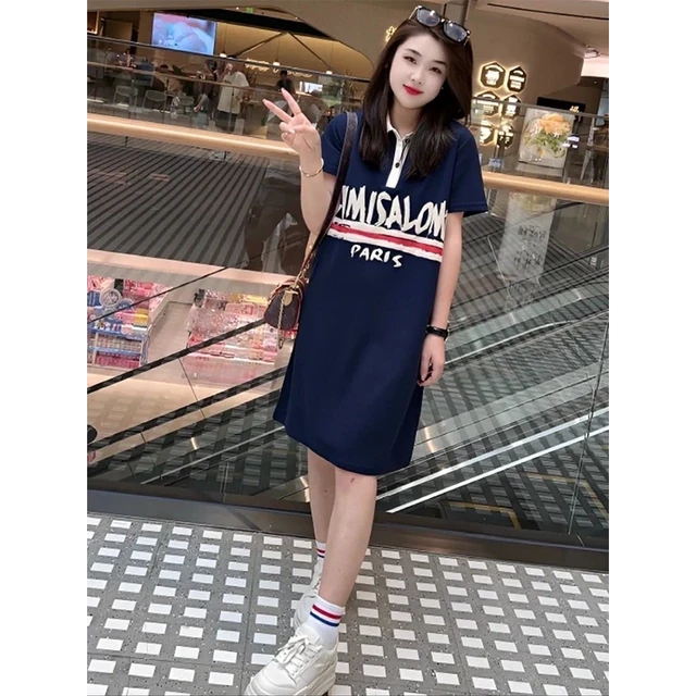 特大码300斤欧货时尚印花Polo领连衣裙女夏百搭宽松减龄显瘦T恤裙