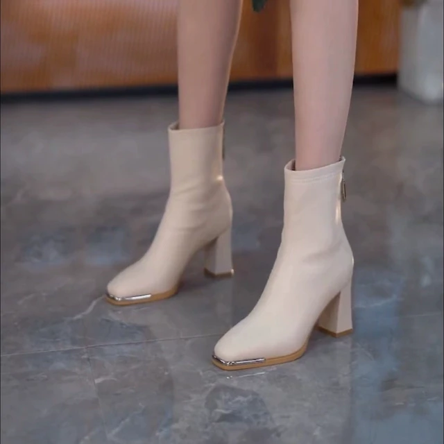 英伦风时尚方头短靴女2025秋冬新款气质粗跟高跟时装靴弹力瘦瘦靴