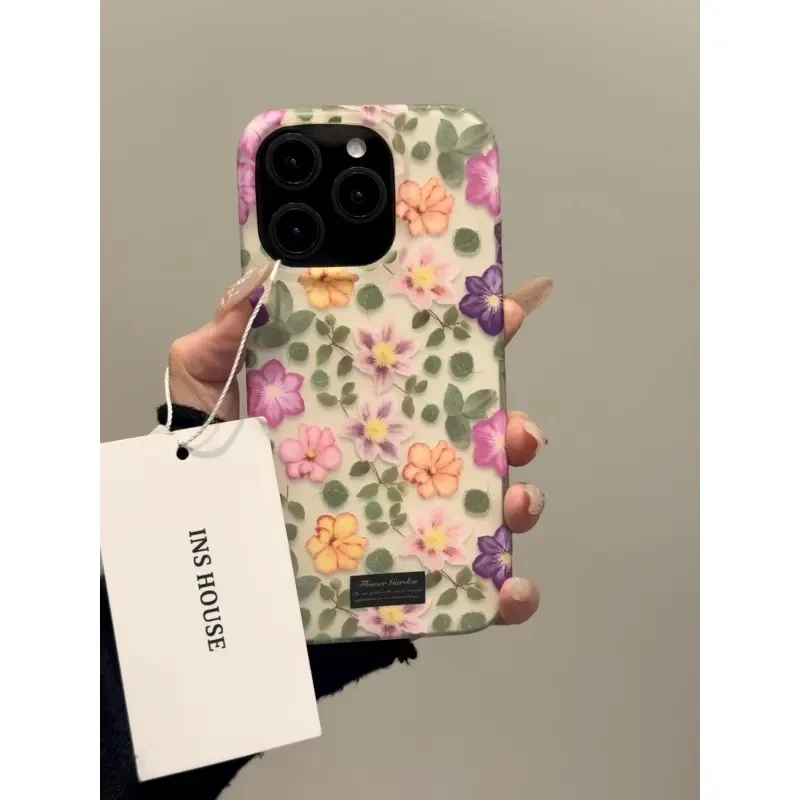 唯美小清新ins绿叶粉紫花朵适用iphone16promax苹果15p手机壳14pr