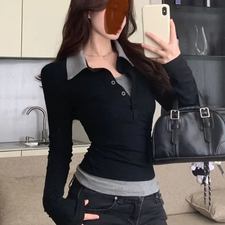辣妹假两件拼接翻领长袖T恤打底衫女春秋冬季修身大码百搭上衣女