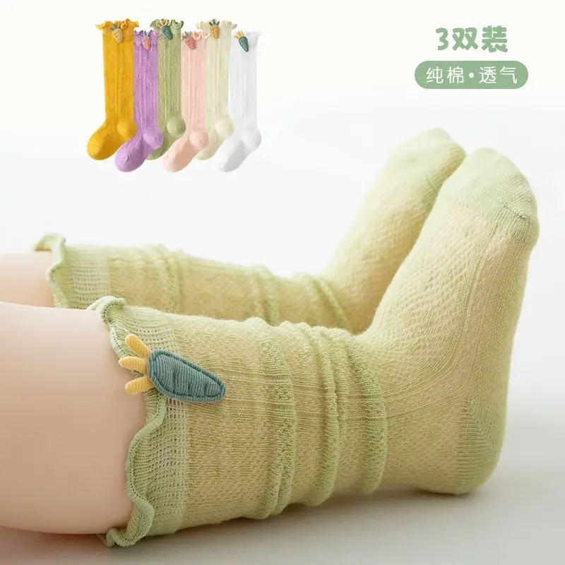 宝宝袜子夏季薄款网眼透气0一3月棉春秋款婴儿新生儿中筒松口袜