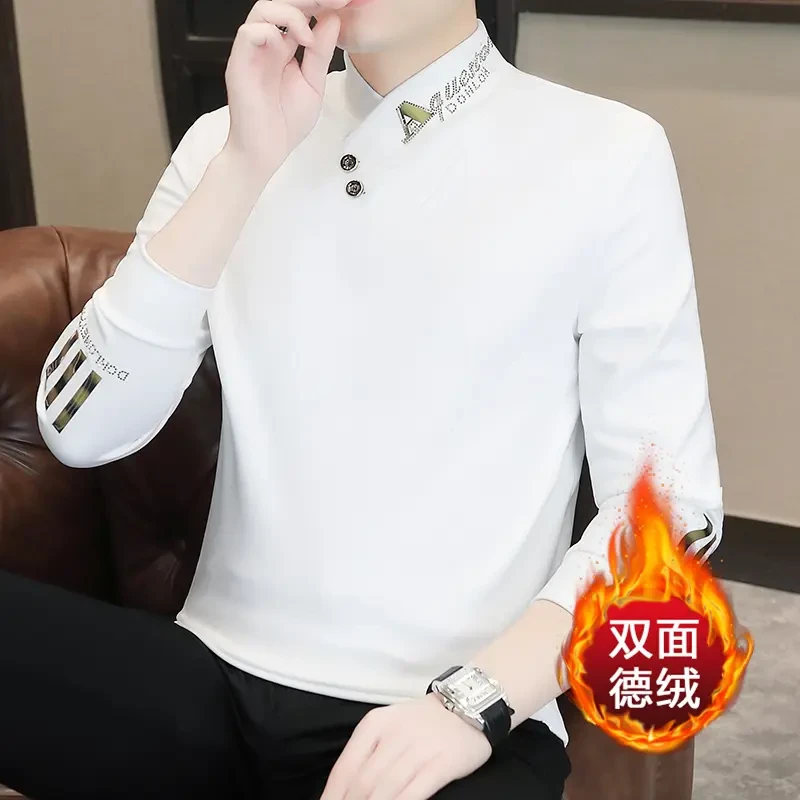轻奢男新款保暖半高领秋冬假两件德绒中领面料上衣长袖男士打底衫
