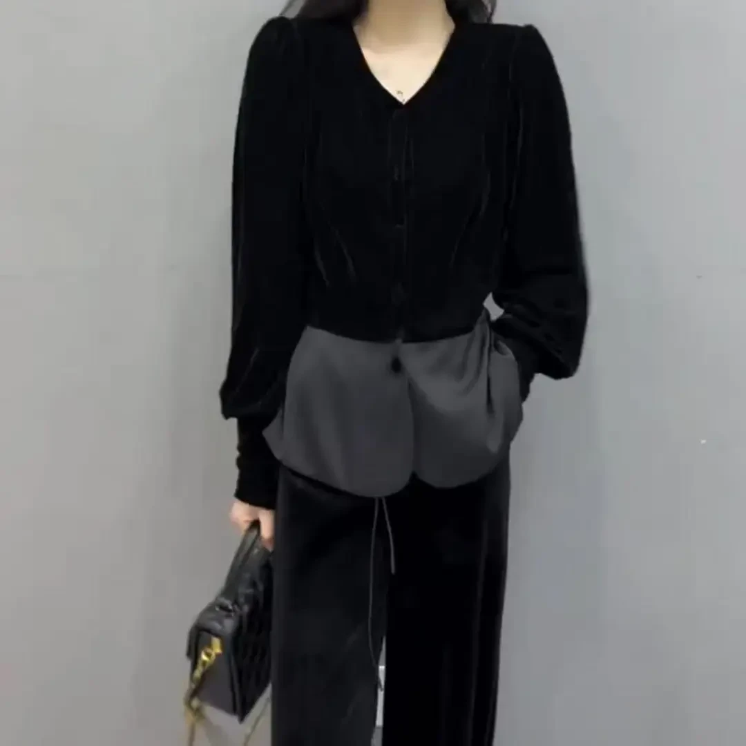 秋冬新款法式丝绒套装时尚百搭黑色休闲显瘦气质长袖洋气两件套女