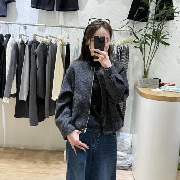 简约风宽松圆领长袖拉链毛呢外套配围巾秋冬季小个子百搭毛呢大衣