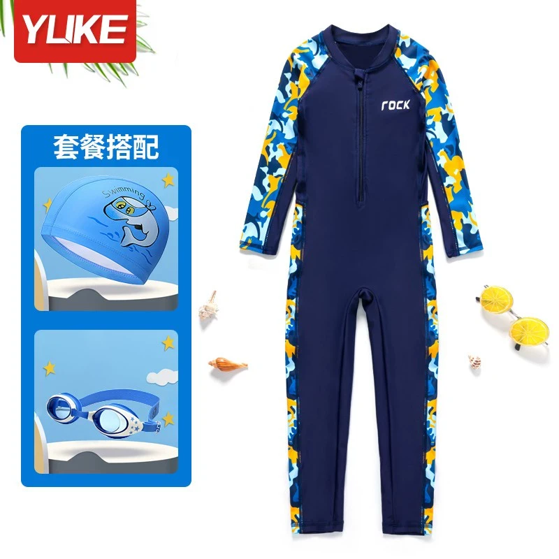 儿童泳衣男童长袖连体防晒2025新款宝宝中大童专业训练速干游泳装