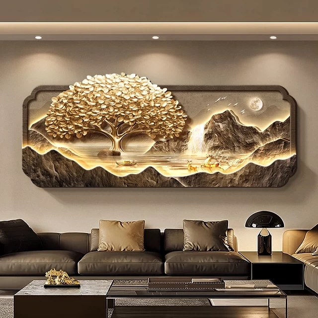 发财树客厅装饰画轻奢高级感流水生财山水画沙发背景墙挂画寓意好