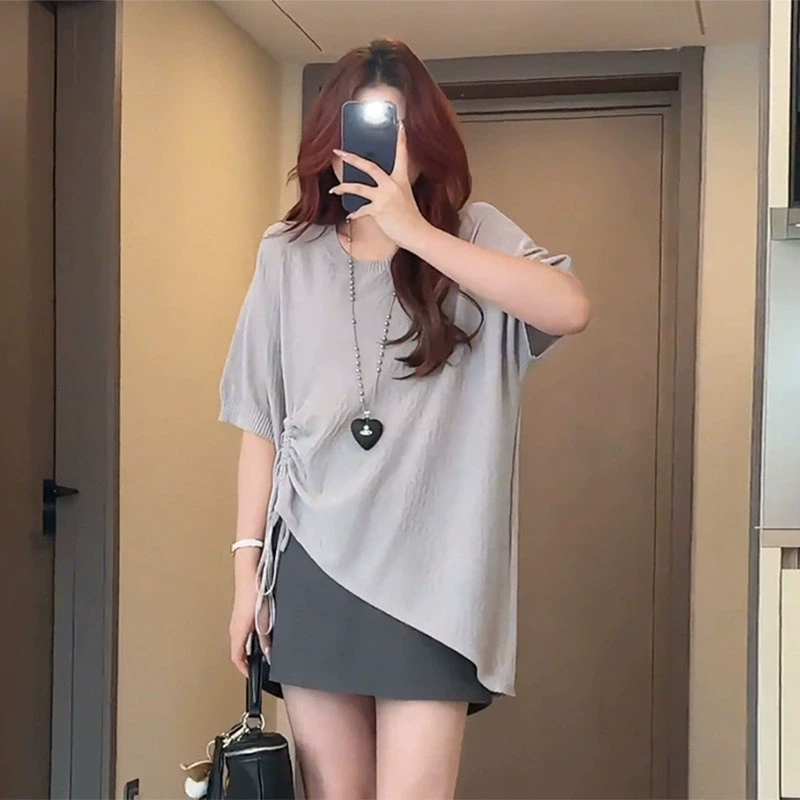 【8730桃】大码女装胖mm不规则宽松抽绳短袖T恤夏设计感显瘦上衣