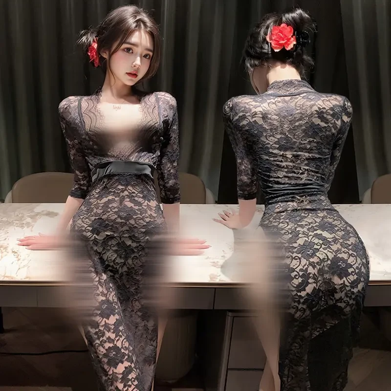 性感生日裙子蕾丝民国风新中式中华娘抹胸旗袍套装微胖连衣裙睡袍