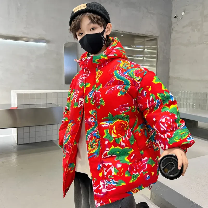 男童秋冬款棉服外套2026新款儿童冬装中大童大花冬季东北花棉袄