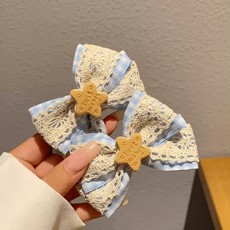 蓝色艺奶星星蝴蝶结蕾丝发夹刘海侧边发卡发饰少女头饰夹子鸭嘴夹