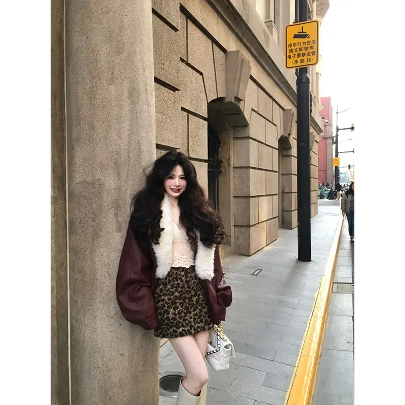 2024冬季新款美拉德气质高级感大翻领外套女时尚高腰豹纹半身裙