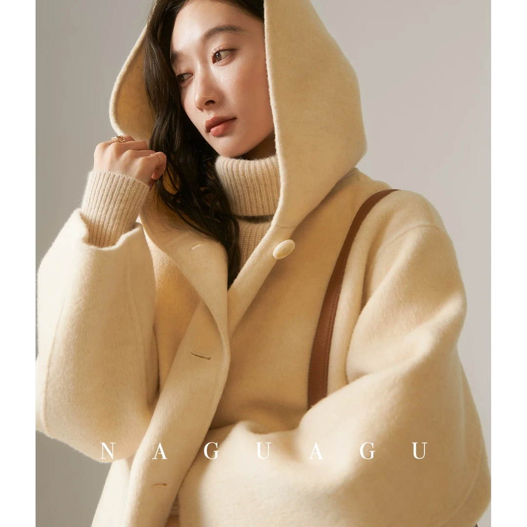 【發财大衣】阿拉善驼绒澳毛 莼手工连帽双面呢外套秋冬女
