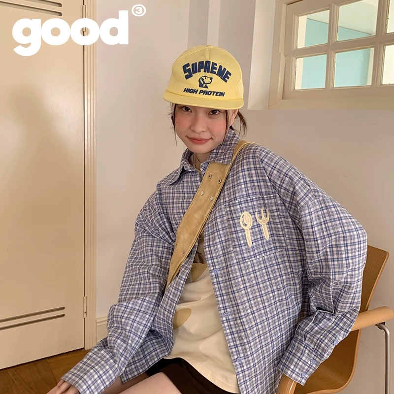 美好商店餐具绣花格子衬衫