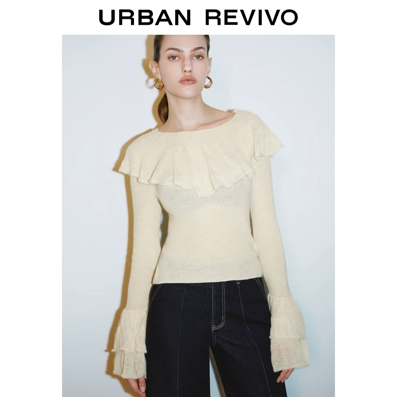 UR2025春季新款女装欧若风氛围感荷叶边喇叭袖针织衫UWG950034