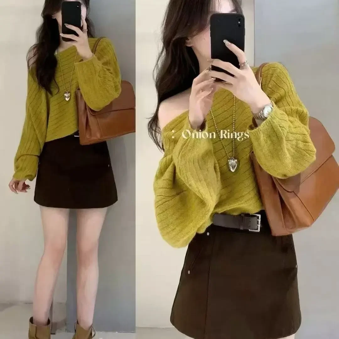 针织衫毛衣女2025秋新款韩版宽松显瘦圆领一字肩长袖百搭休闲上衣