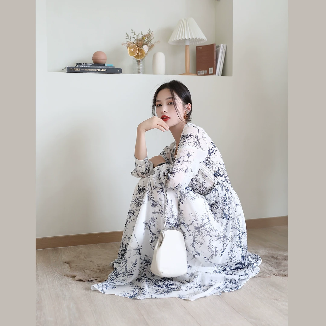 南瓜谷 水墨茹伊真丝裙~100 桑蚕丝气质收腰显连衣裙女初春L0931