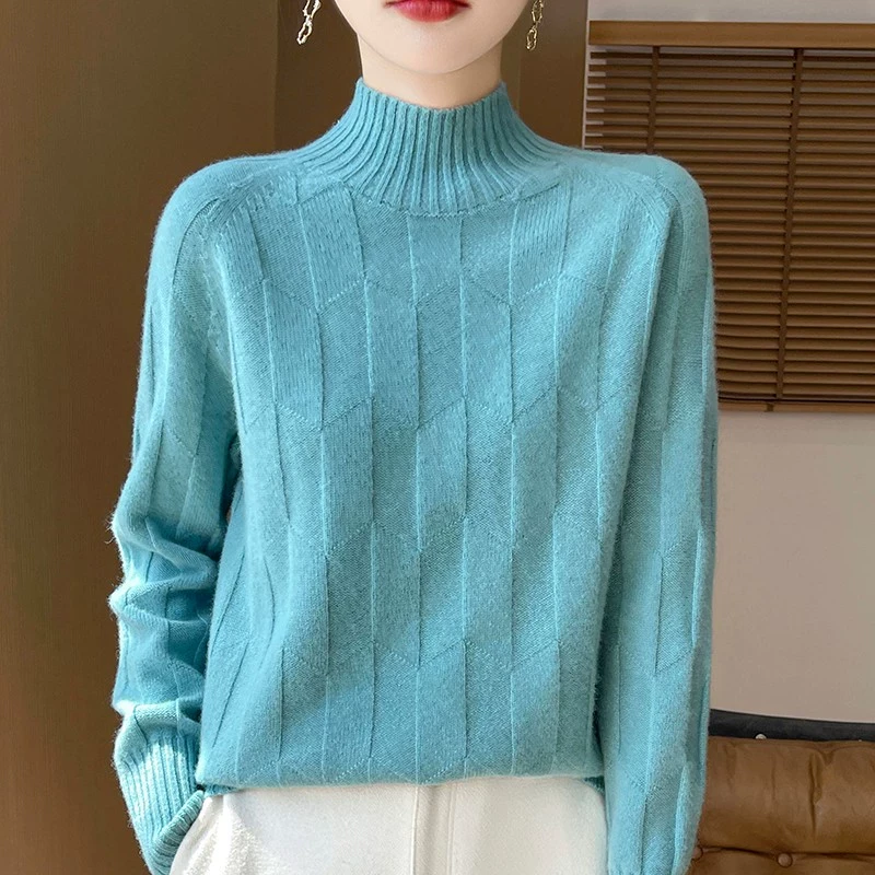 一线成衣正反针设计纯羊毛衫女半领套头宽松显瘦衫秋冬加厚毛衣