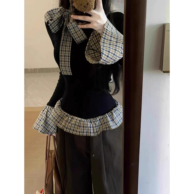 大码胖mm美式格子蝴蝶结假两件T恤女春季新款设计感小众长袖上衣