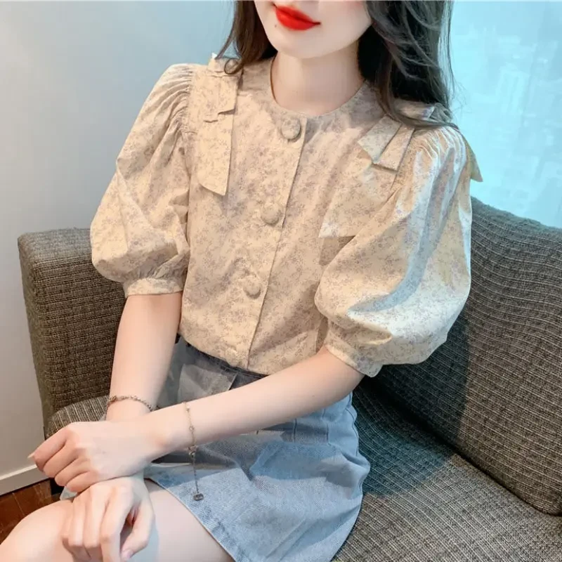 Mm新款减龄衬衣甜美碎花泡泡袖衬衫女夏季设计感