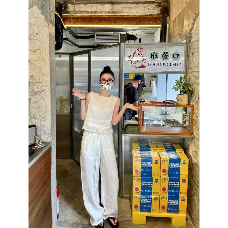 慵懒风修身显瘦无袖小众设计款上衣2025夏季简约百搭休闲宽松长裤