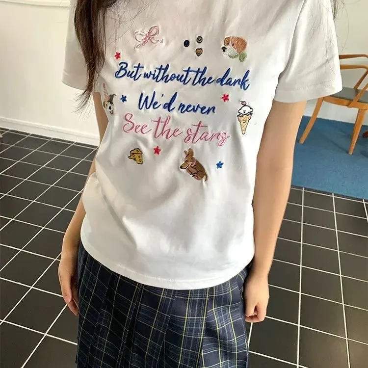 韩系少女短袖正肩T恤字母动物刺绣童趣减龄修身显瘦百搭夏季上衣