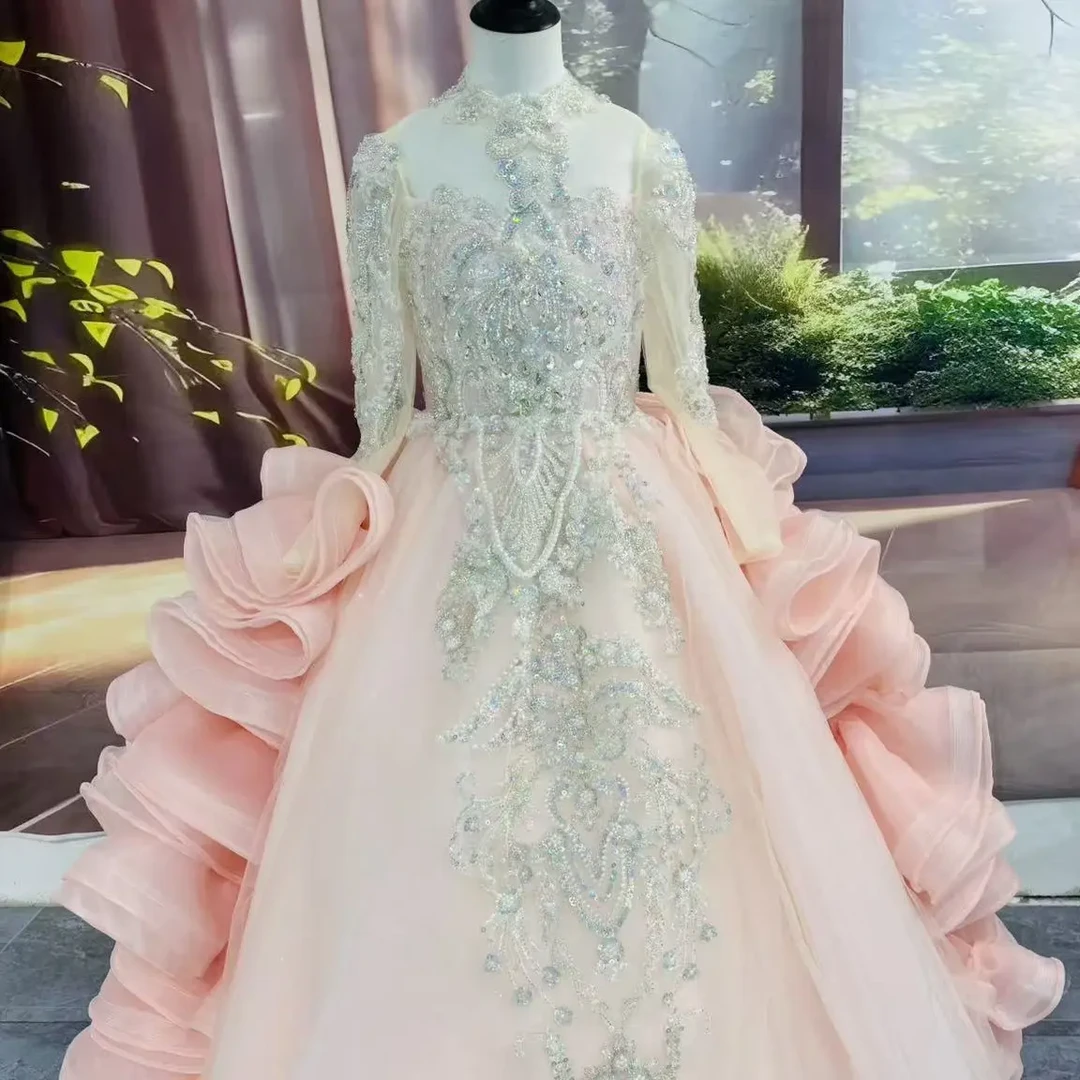 女童高端粉色蓬蓬纱公主裙生日走秀主持演出花童服