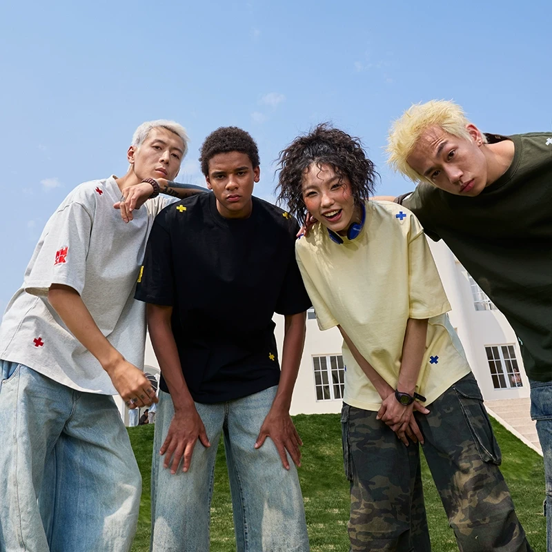 Nuthink多巴胺刺绣短袖T恤简约美式复古潮牌重磅半袖男女2025新款