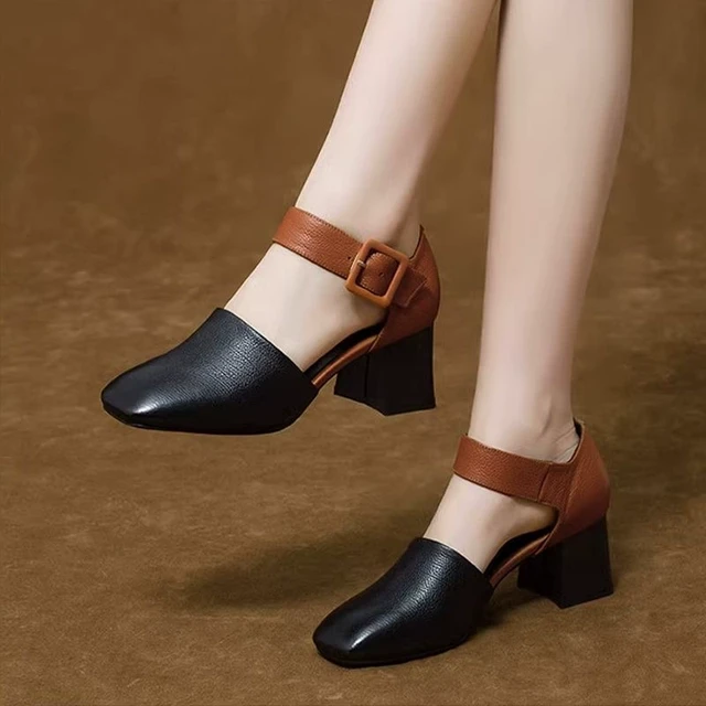 2025年新款春夏季方头一字扣高跟鞋女粗跟包头凉鞋单鞋中跟真皮鞋