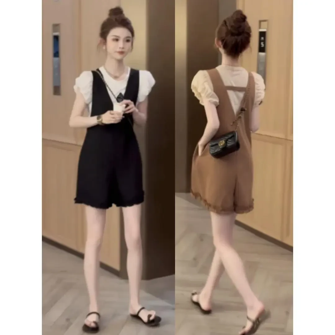 今年流行时尚套装女夏季小个子花苞袖T恤背带阔腿连体裤两件套潮