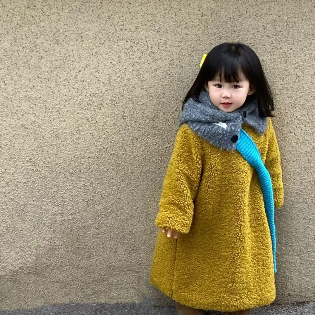 女童秋冬连衣裙韩版芥黄色羊驼绒毛毛公主裙中长款保暖百搭裙子潮