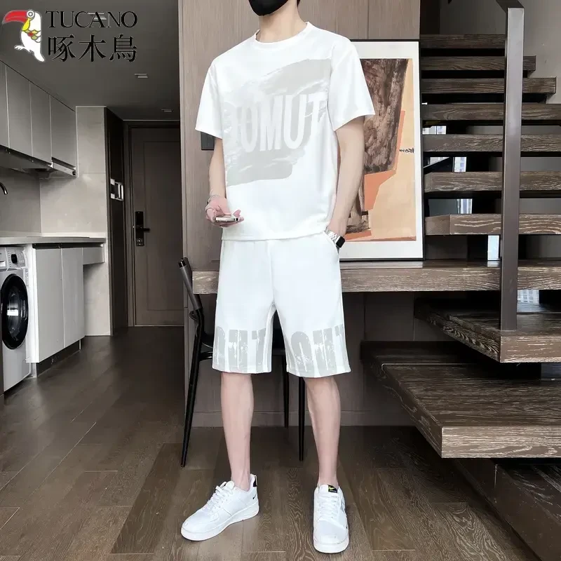 啄木鳥男士夏季短袖T恤潮流时尚韩版运动套装男帅气一套搭配潮男