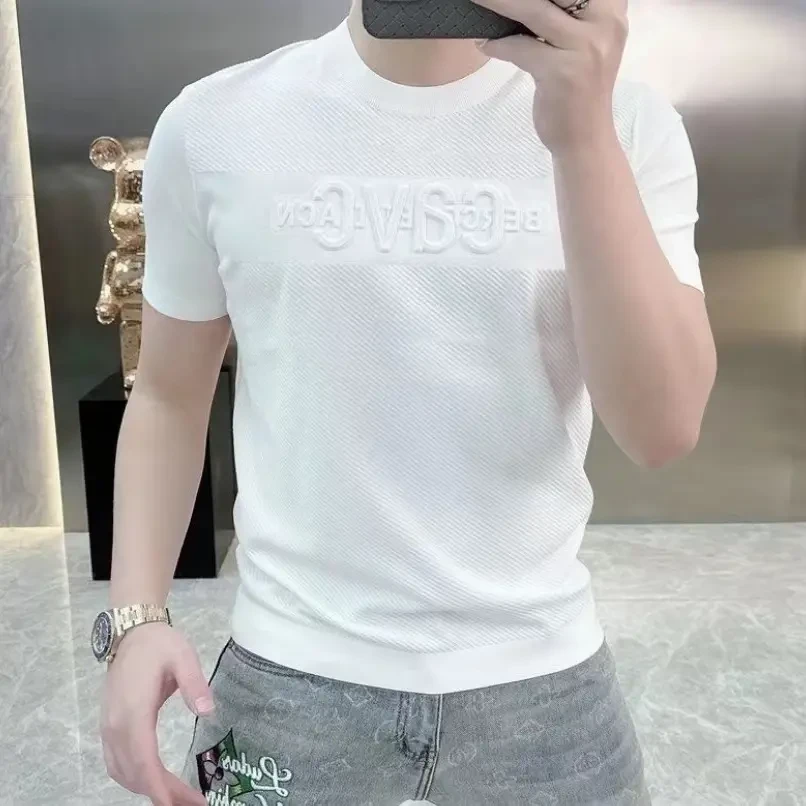 欧货轻奢短袖T恤男士针织冰丝夏季时尚半袖印花上衣修身薄款百搭t