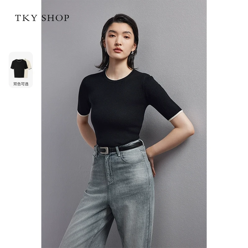 TKYSHOP极简通勤风短款显瘦撞色短袖针织衫套头上衣 10H1LA05O001