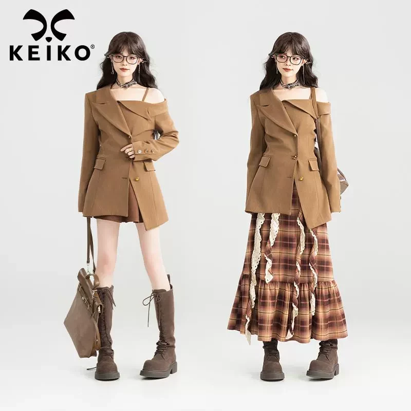 KEIKO 不对称设计露肩西装外套25秋别致通勤收腰显瘦西装连衣裙