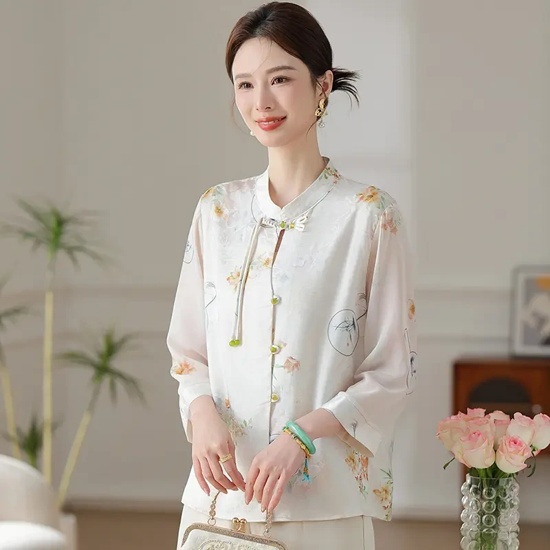 妈妈装气质衬衫女装夏季复古宽松中国风大码洋气时尚中式民族风