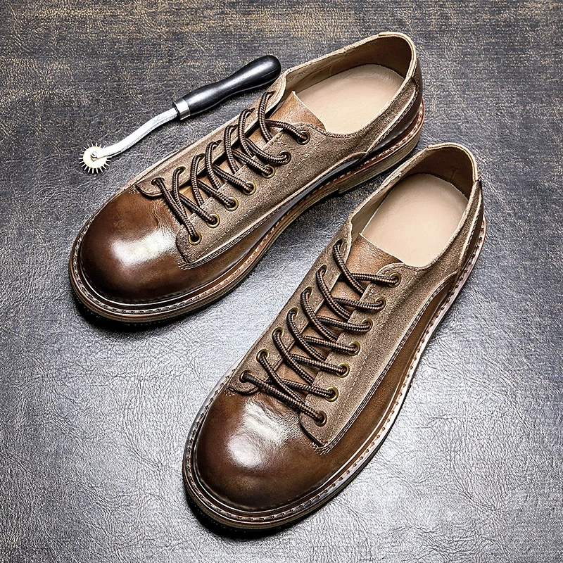 新款阿美咔叽男鞋真皮复古皮鞋男士头层牛皮休闲工装低帮鞋英伦风