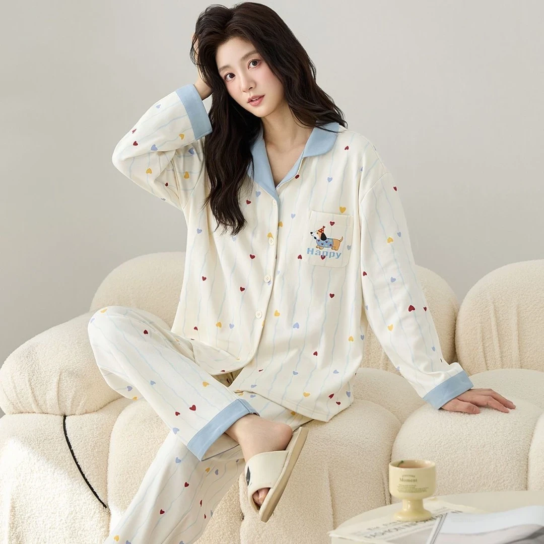 舒适棉春秋爆款2025女士翻领开衫长袖长裤睡衣居家服宽松套装
