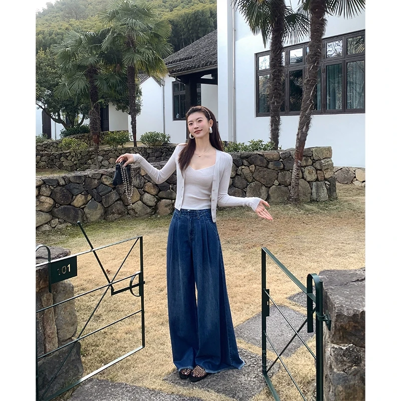 ADA MISS时髦压褶港风阔腿毛边牛仔裤宽松高腰长裤女秋新款