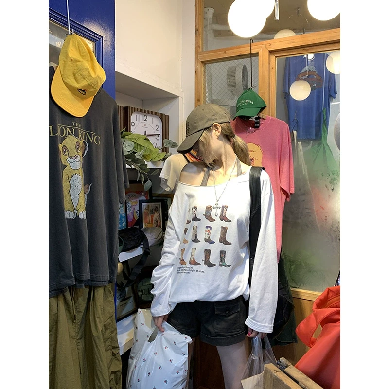 朴夏pursummer印花长袖一字肩上衣T23682PR43