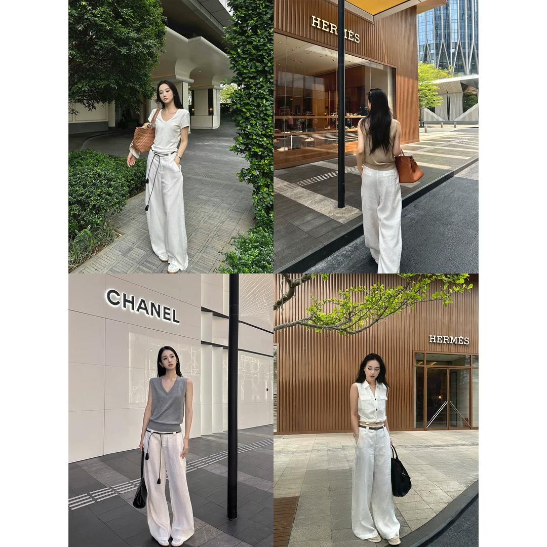 5werkwen 松弛舒适 宽耳仔1OO亚麻弯刀阔腿裤33-07