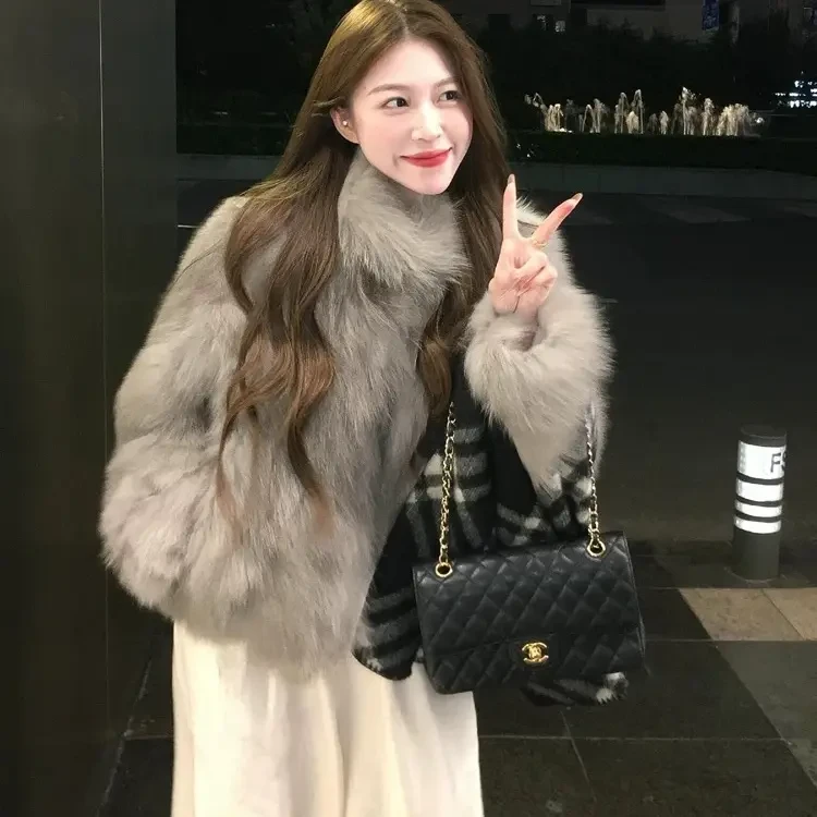 高级感仿狐狸毛外套女短款2025冬季新款时尚气质渐染毛绒上衣加厚